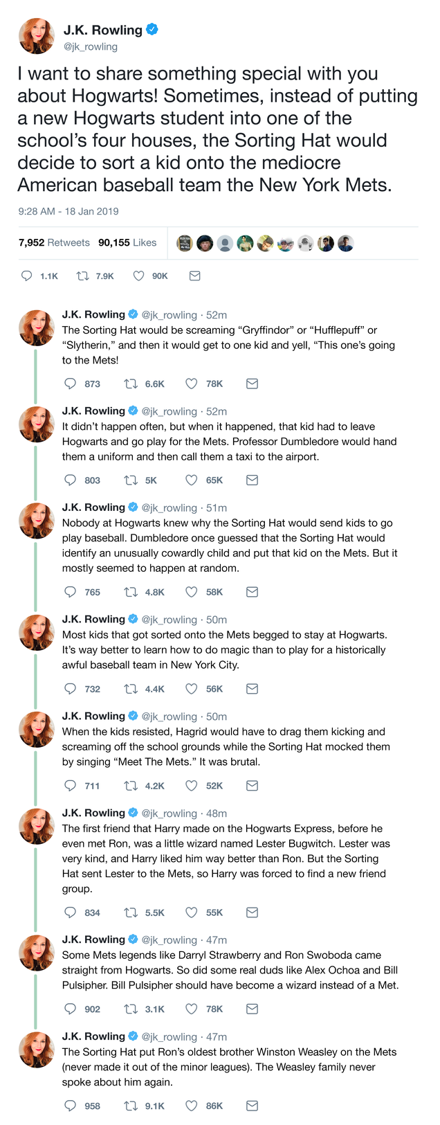 Illustration for article titled The Saga Continues: J.K. Rowling Has Revealed That Every Now And Then The Sorting Hat Would Arbitrarily Sort A Kid Onto The New York Mets